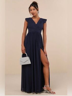 Lulus Gorgeous Goal Navy Pleated Backless Surplice Maxi Dress Blue - Size L
